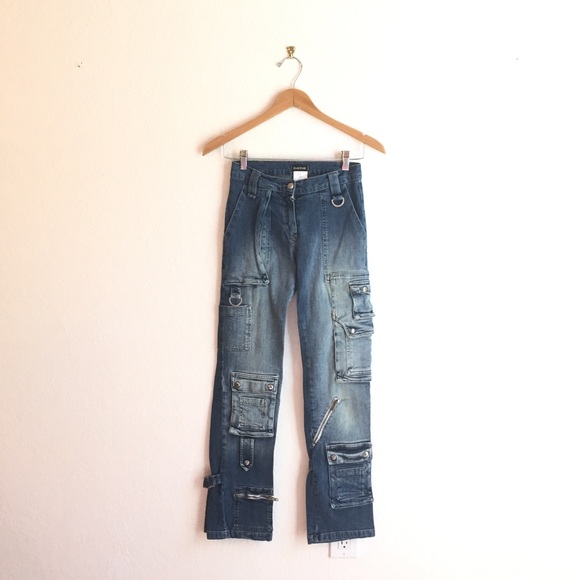 bebe Denim - Bebe S cargo maxi blue jeans buckle gold hardware